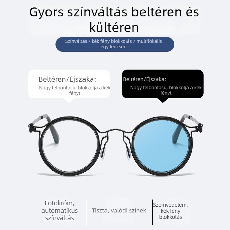 Aimada progresszív olvasó szemüveg fotokróm lencsékkel és kékfény védelemmel, kerek fém keret