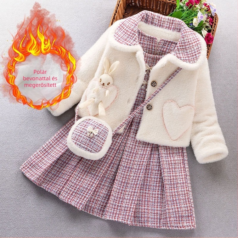 Lányoknak készült fleece-béléssel ellátott ruhakészlet, két részes, kockás mintázat, hosszú ujjú, kapucni nélküli