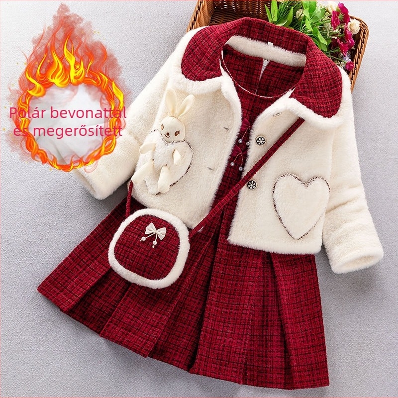 Lányoknak készült fleece-béléssel ellátott ruhakészlet, két részes, kockás mintázat, hosszú ujjú, kapucni nélküli