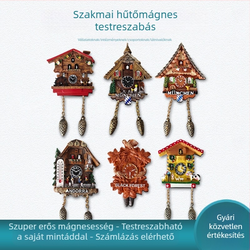 Cuckoo Clock gyantából készült hűtőmágnes – 3D dekoratív utazási ajándék, modern minimál stílus