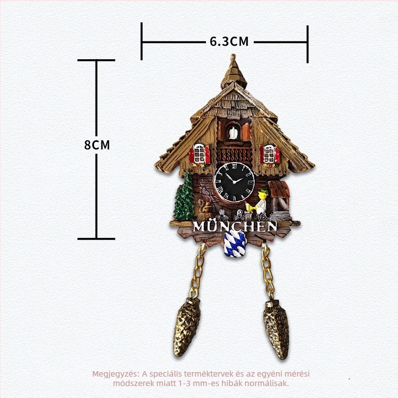 Cuckoo Clock gyantából készült hűtőmágnes – 3D dekoratív utazási ajándék, modern minimál stílus