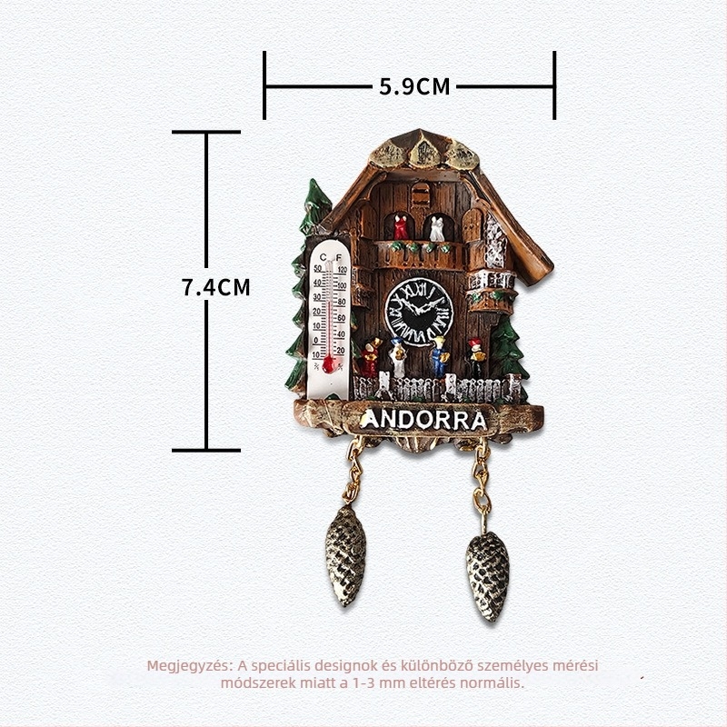 Cuckoo Clock gyantából készült hűtőmágnes – 3D dekoratív utazási ajándék, modern minimál stílus