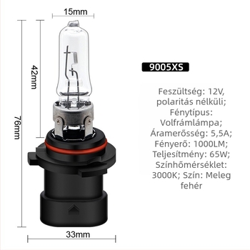 Autóhalogén fényszóró izzó 9005XS – közvetlen csatlakozású csere, 12V, 65W, 5000 lm, IP65