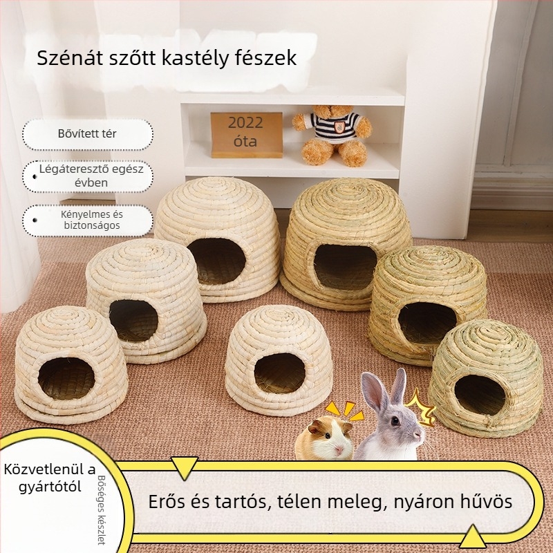 Szalmaból készült kastély-stílusú odú háziállatoknak (nyúl, tengerimalac, hörcsög és mókus)