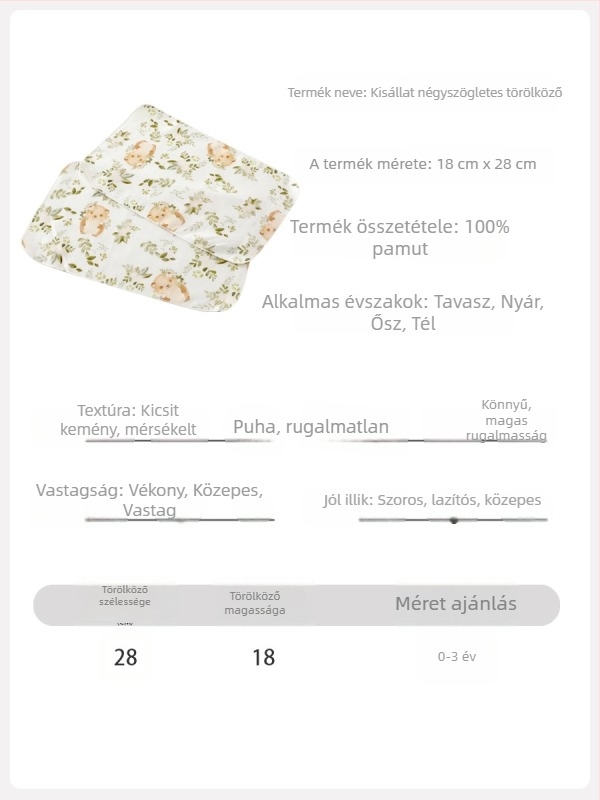 Újszülött négyzet alakú törölköző, 100% pamut, 0–1 éves korosztálynak, uniszex, 2025 tavasz