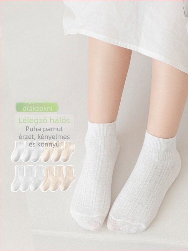 Gyermek zokni pamutból, egyszínű fehér, középmagas szárú, légáteresztő Jacquard-kötés, fiúknak és lányoknak, iskolai viseletre