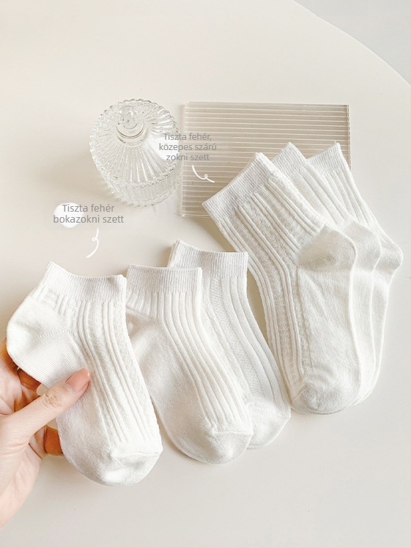 Gyermek zokni pamutból, egyszínű fehér, középmagas szárú, légáteresztő Jacquard-kötés, fiúknak és lányoknak, iskolai viseletre