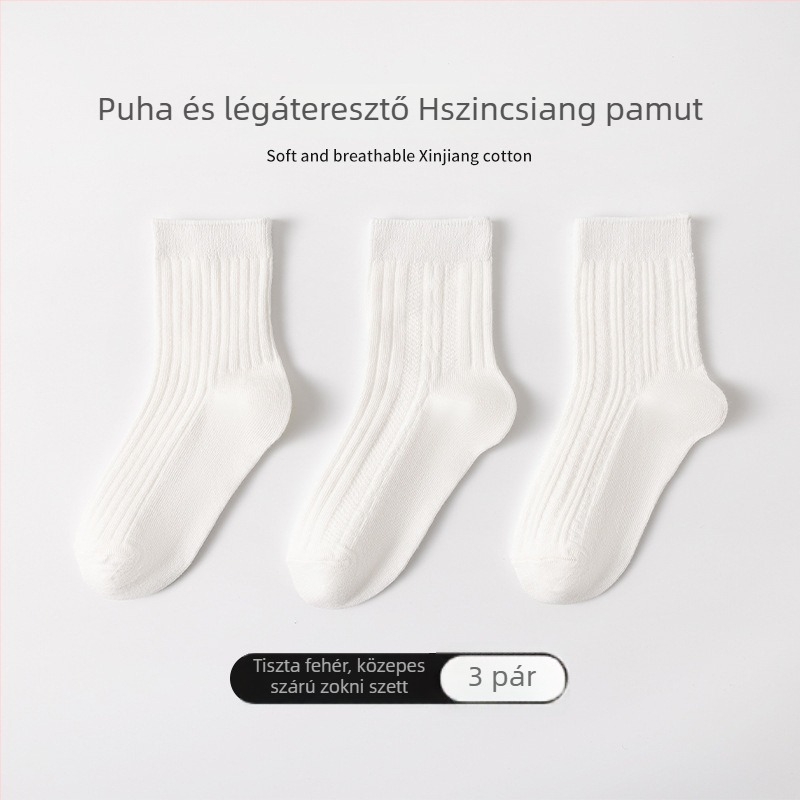 Gyermek zokni pamutból, egyszínű fehér, középmagas szárú, légáteresztő Jacquard-kötés, fiúknak és lányoknak, iskolai viseletre
