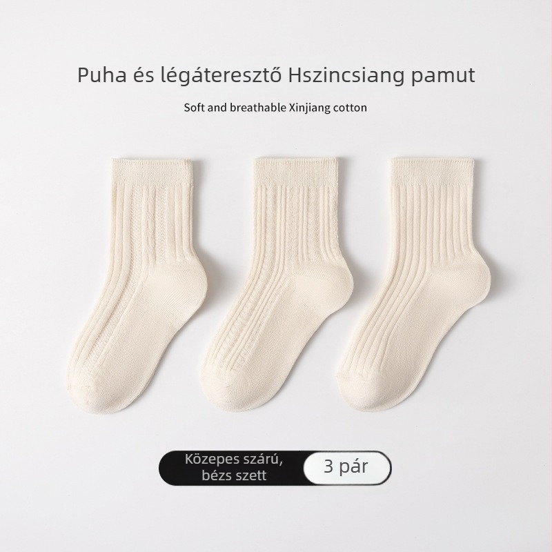 Gyermek zokni pamutból, egyszínű fehér, középmagas szárú, légáteresztő Jacquard-kötés, fiúknak és lányoknak, iskolai viseletre