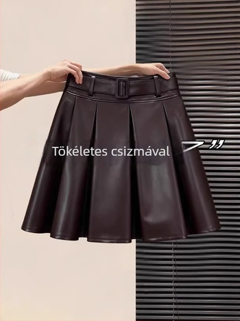 Fekete PU bőrszoknya nőknek, magas derekú, plisírozott, A-vonalú, téli 2025 modell, A9002