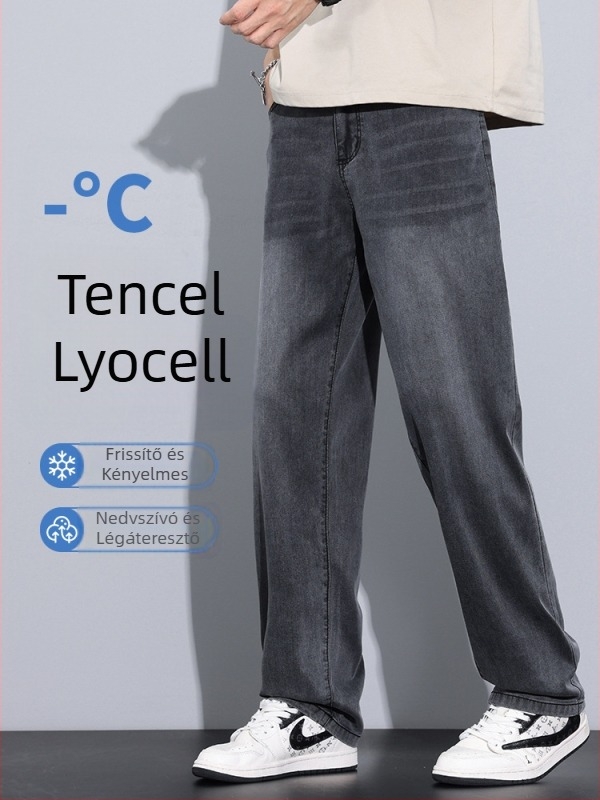 Férfi Lyocell denim farmernadrág, laza egyenes szárú, vékony, mindennapi nadrág 2026 tavasz
