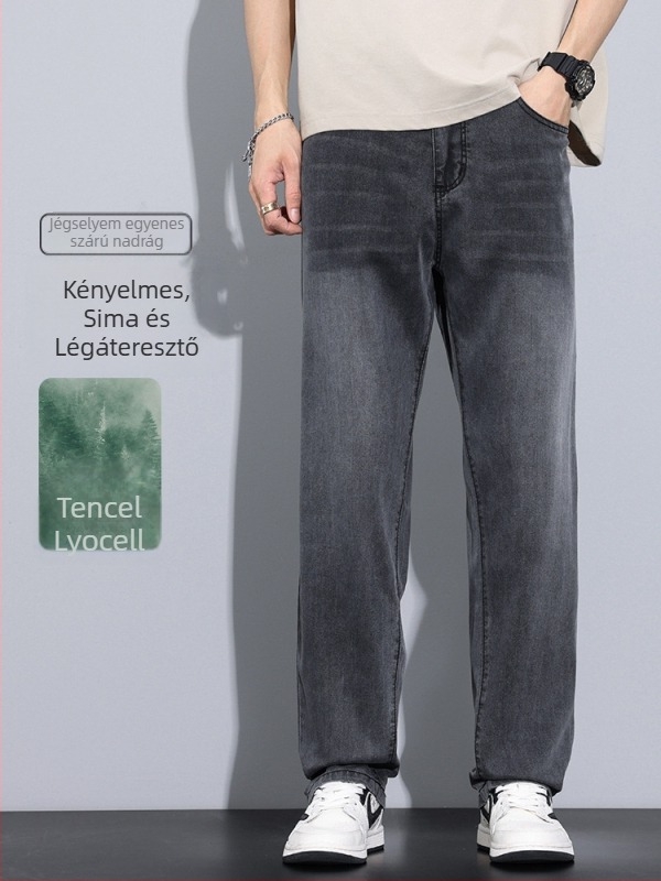 Férfi Lyocell denim farmernadrág, laza egyenes szárú, vékony, mindennapi nadrág 2026 tavasz