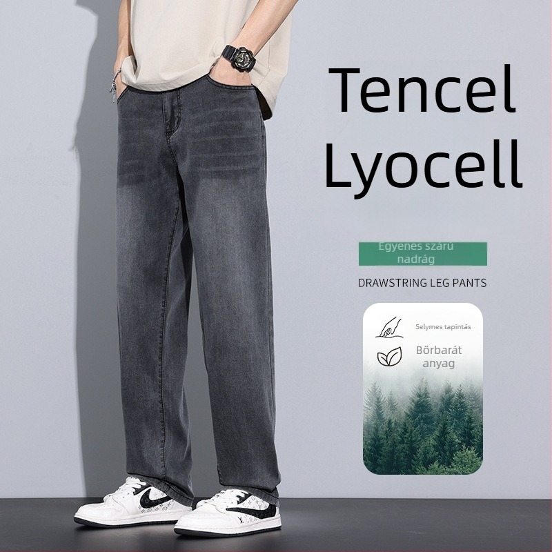 Férfi Lyocell denim farmernadrág, laza egyenes szárú, vékony, mindennapi nadrág 2026 tavasz