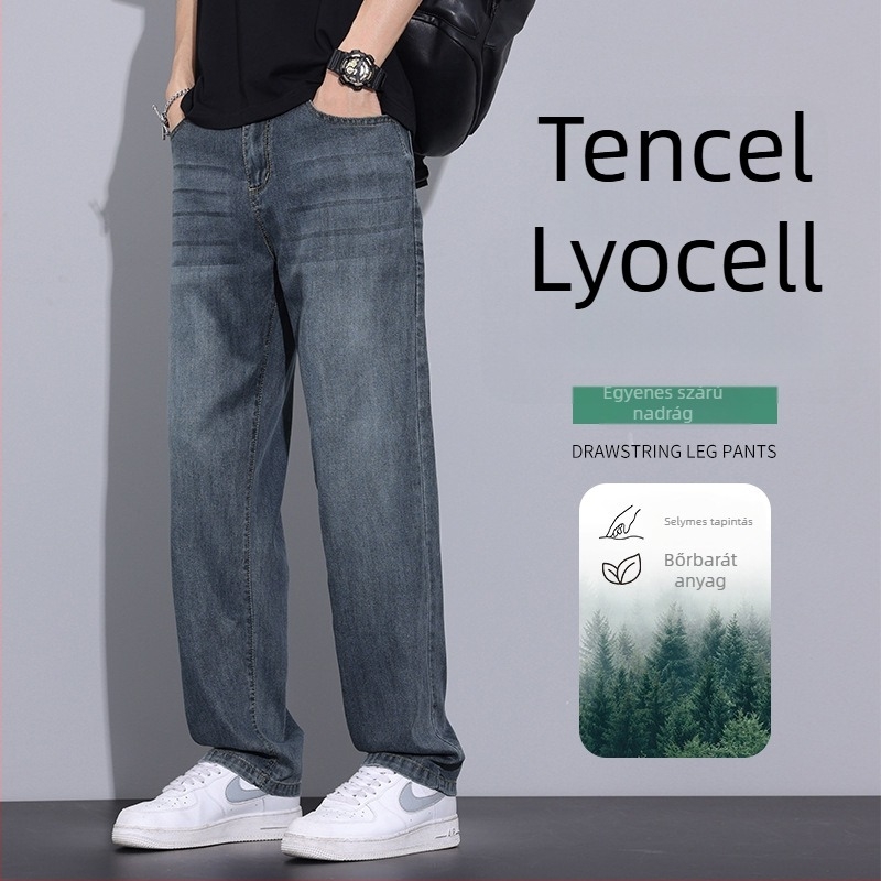 Férfi Lyocell denim farmernadrág, laza egyenes szárú, vékony, mindennapi nadrág 2026 tavasz