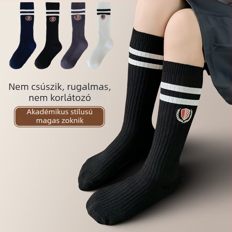 Lányoknak szóló pamut térdmagasú zokni, iskolai stílusú, koreai stílusú hímzett emblémával, univerzális őszi gyerek zokni