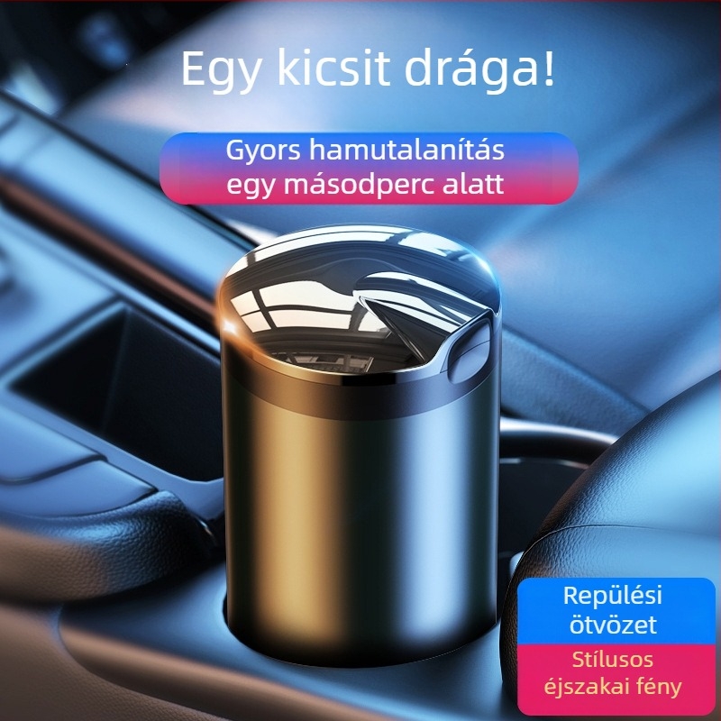Autó belsejében használható hamutartó fedéllel és LED világítással, alumíniumötvözet, modell CZ-YHG, 180 g, az autó belső teréhez