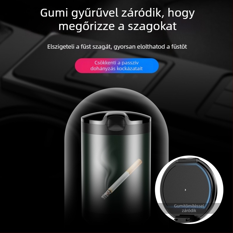 Autó belsejében használható hamutartó fedéllel és LED világítással, alumíniumötvözet, modell CZ-YHG, 180 g, az autó belső teréhez