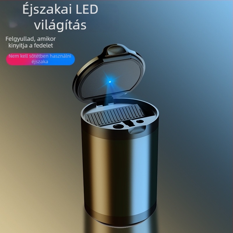 Autó belsejében használható hamutartó fedéllel és LED világítással, alumíniumötvözet, modell CZ-YHG, 180 g, az autó belső teréhez
