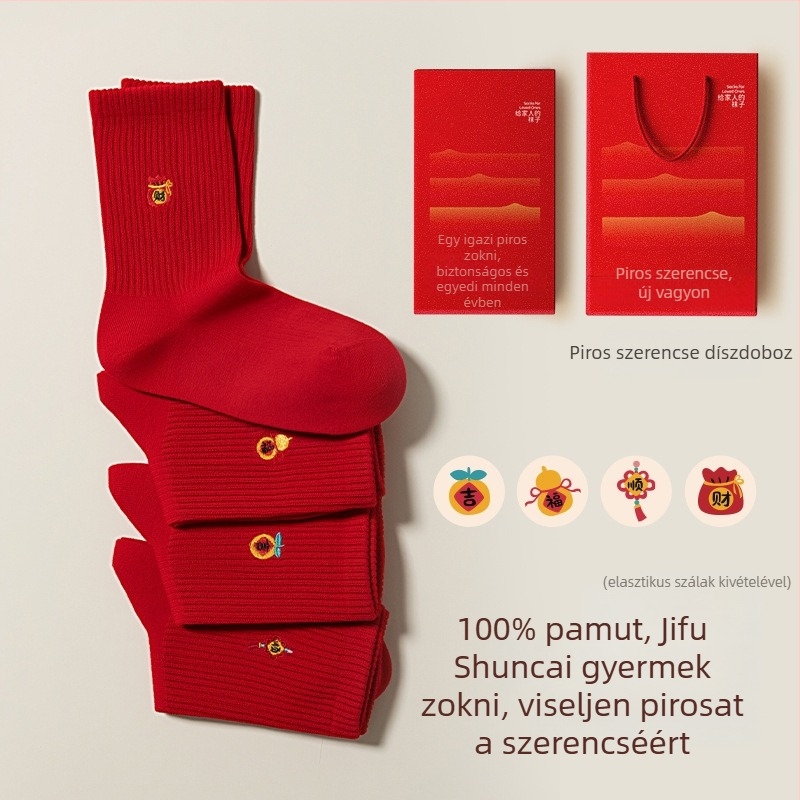 100% pamut gyerek zokni, piros, A ló éve, uniszex, ünnepi újév, középmagas zokni, ajándékdoboz