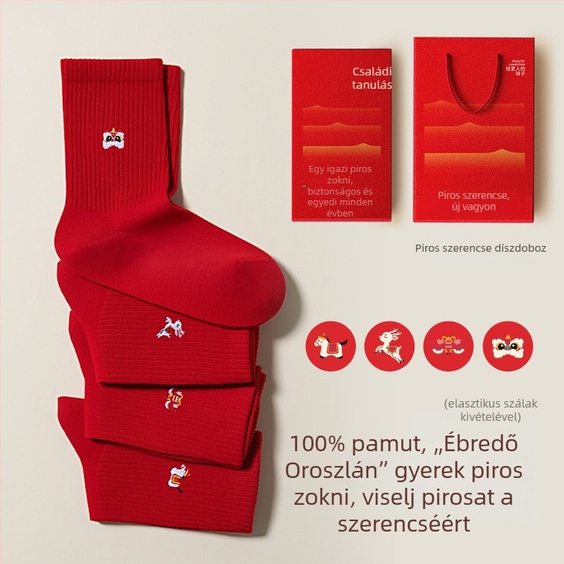 100% pamut gyerek zokni, piros, A ló éve, uniszex, ünnepi újév, középmagas zokni, ajándékdoboz