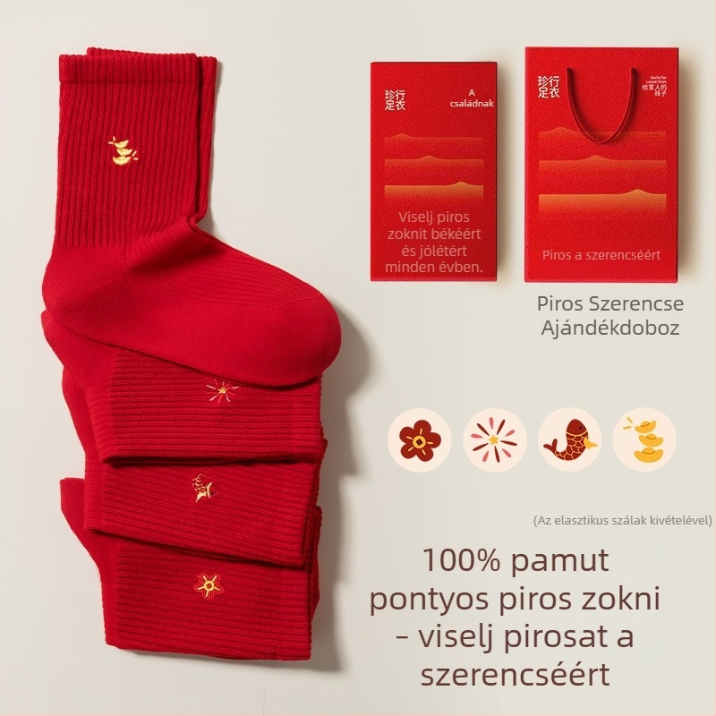 100% pamut gyerek zokni, piros, A ló éve, uniszex, ünnepi újév, középmagas zokni, ajándékdoboz