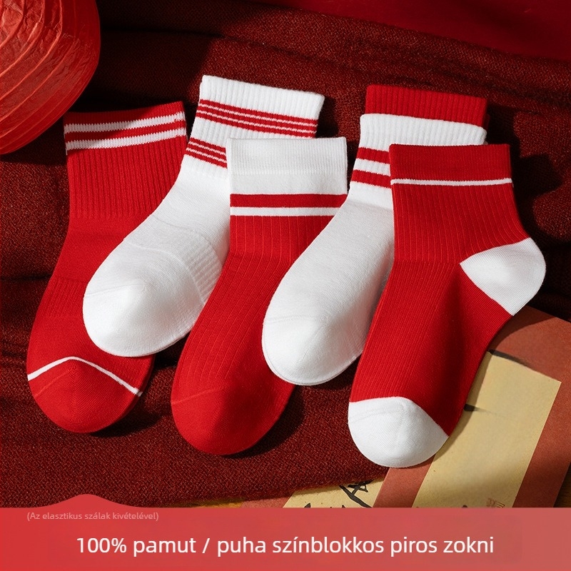 100% pamut gyerek zokni, piros, A ló éve, uniszex, ünnepi újév, középmagas zokni, ajándékdoboz