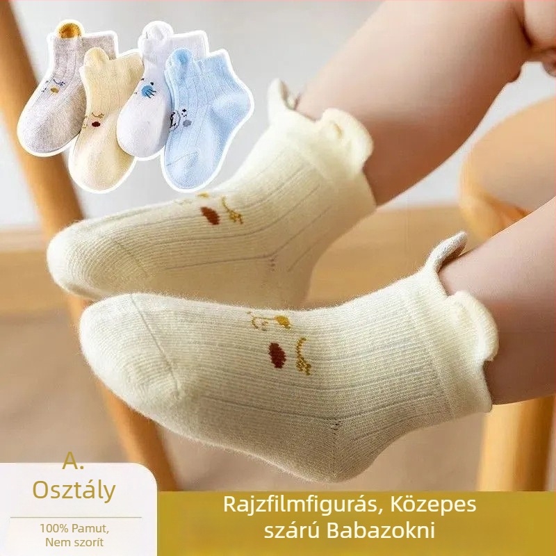 Légáteresztő pamut baba zokni aranyos fül dizájnnal, középtalp hosszú, csíkos mintázat, tavasz–ősz időszakra, uniszex, 80–100 cm-es babáknak
