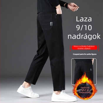 Férfi farmernadrág fleece-béléssel, lazán szabott egyenes fazon, magas derék, cipzáras zárás, denim
