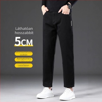 Férfi farmernadrág fleece-béléssel, lazán szabott egyenes fazon, magas derék, cipzáras zárás, denim