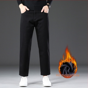 Férfi farmernadrág fleece-béléssel, lazán szabott egyenes fazon, magas derék, cipzáras zárás, denim