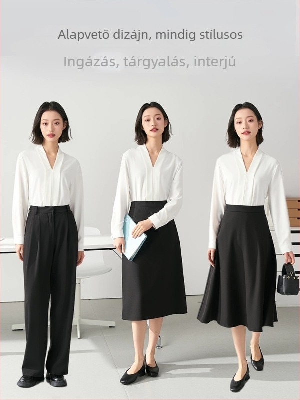 Fehér női V-nyakú ing, irodai viselet, hosszú ujjú, chiffon-poliészter