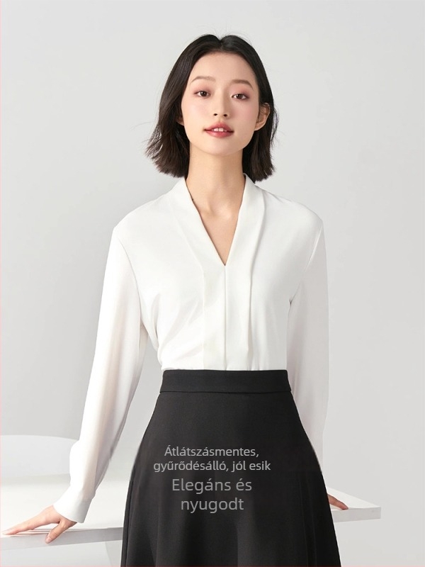 Fehér női V-nyakú ing, irodai viselet, hosszú ujjú, chiffon-poliészter