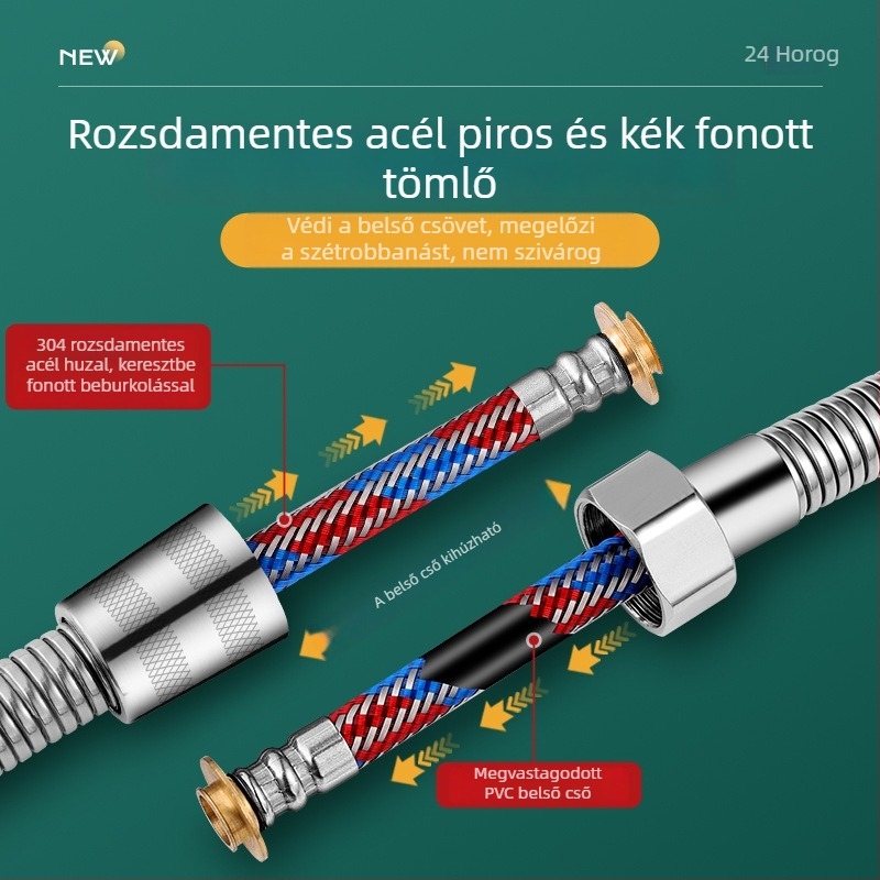 Rozsdamentes acél zuhanycső és csatlakozók, modell BNL-JM-GS1, nominális nyomás 0.03, működési hőmérséklet 0–75°C, csavaros telepítés