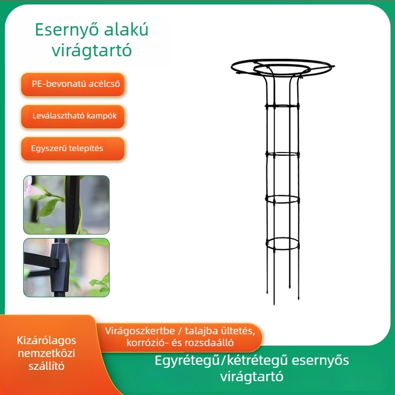 Esernyő alakú virágtartó kapacitás rózsák és futó növények számára, galvanizált acélcső műanyag bevonattal, kültéri használatra