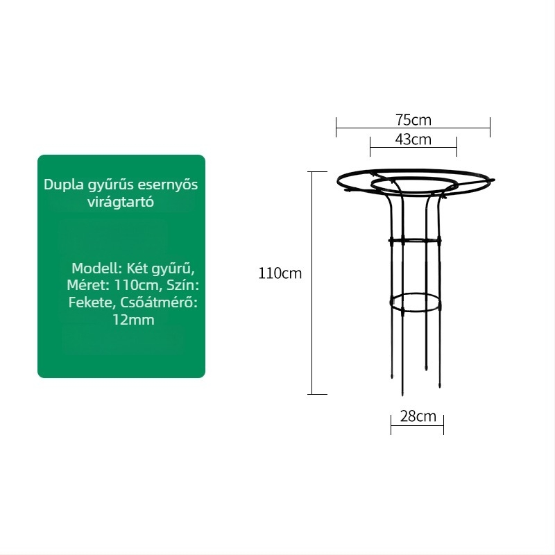 Esernyő alakú virágtartó kapacitás rózsák és futó növények számára, galvanizált acélcső műanyag bevonattal, kültéri használatra
