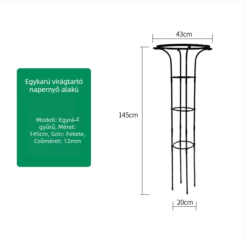 Esernyő alakú virágtartó kapacitás rózsák és futó növények számára, galvanizált acélcső műanyag bevonattal, kültéri használatra