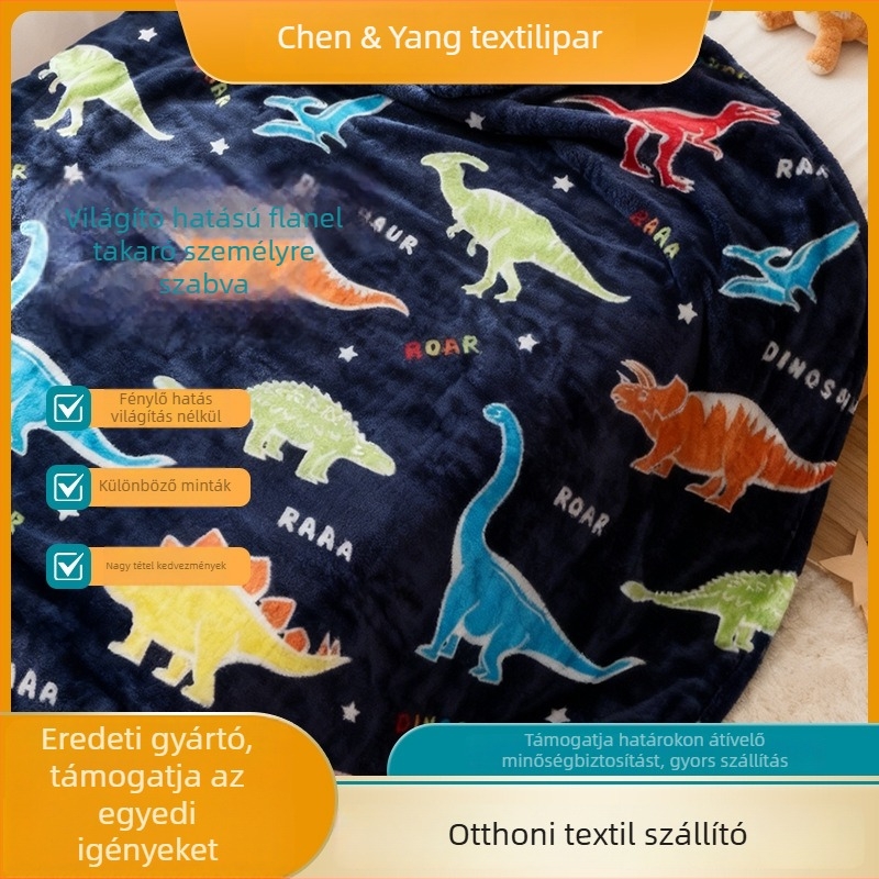Fleece pléd dinoszaurusz motívummal, ősz-tél szezonra, modern minimalista stílus