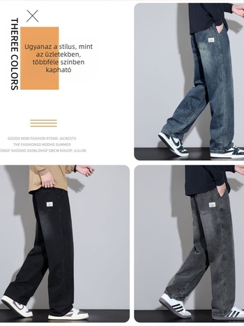 Férfi denim farmernadrág, 2025 őszi-téli kollekció — egyenes szabás, laza fazon, széles lábszár, középmagas derekú, kötős zárás, mosható