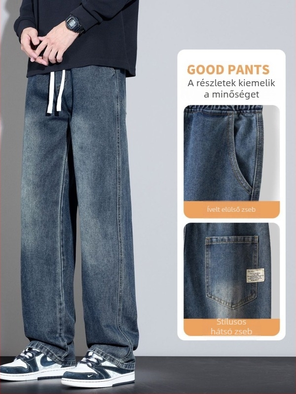 Férfi denim farmernadrág, 2025 őszi-téli kollekció — egyenes szabás, laza fazon, széles lábszár, középmagas derekú, kötős zárás, mosható