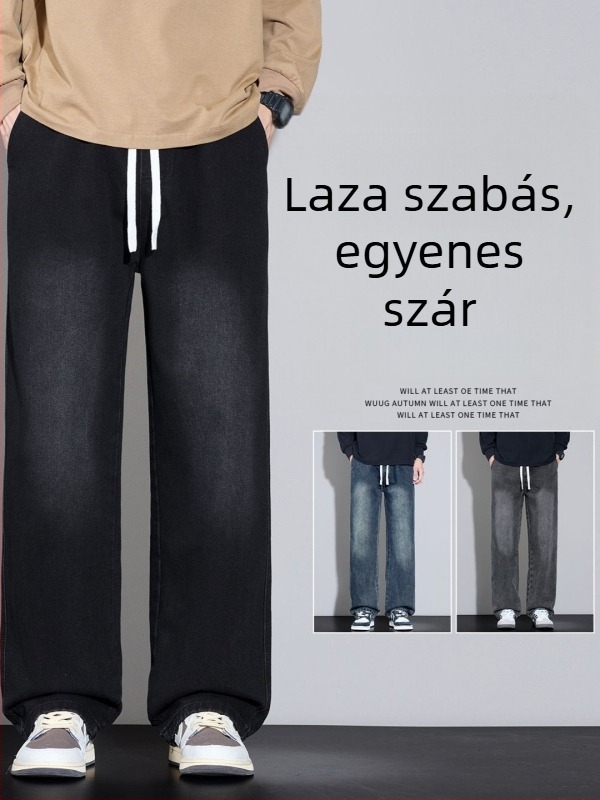 Férfi denim farmernadrág, 2025 őszi-téli kollekció — egyenes szabás, laza fazon, széles lábszár, középmagas derekú, kötős zárás, mosható