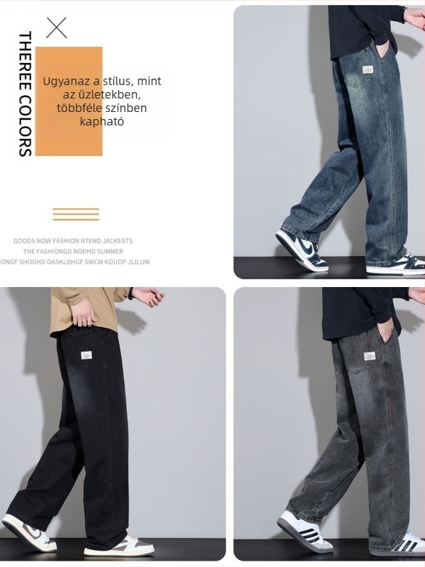 Férfi denim farmernadrág, 2025 őszi-téli kollekció — egyenes szabás, laza fazon, széles lábszár, középmagas derekú, kötős zárás, mosható