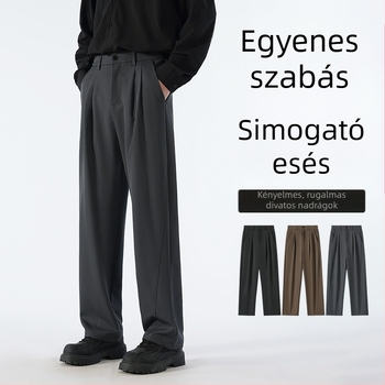 Japán stílusú, férfi casual nadrág, középmagas derekú, gombos zárás, széles szabású egyenes szár, 97% poliészter, 3% spandex, tavasz–ősz szezonra