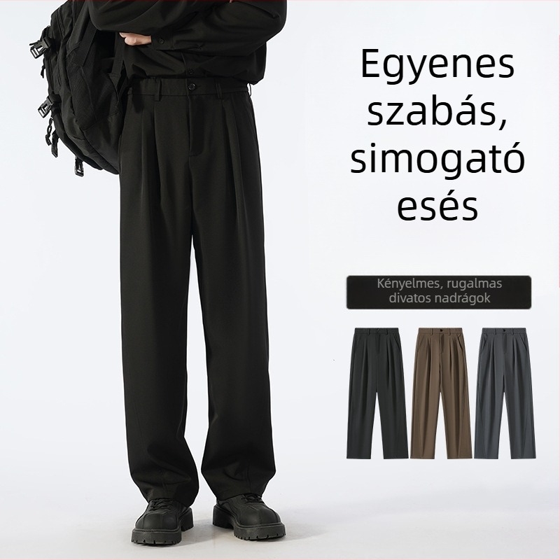 Japán stílusú, férfi casual nadrág, középmagas derekú, gombos zárás, széles szabású egyenes szár, 97% poliészter, 3% spandex, tavasz–ősz szezonra