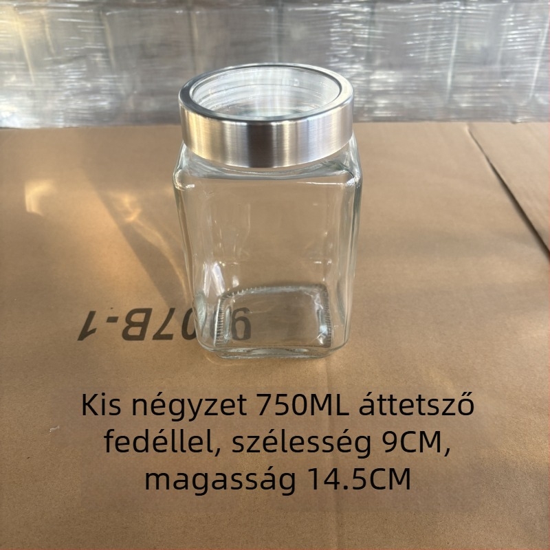 Négyzet alakú üvegtároló zárható fedéllel tea és száraz áruk számára — eredet Shandong; stílus modern egyszerűség
