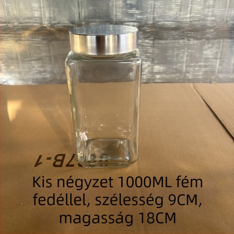 Négyzet alakú üvegtároló zárható fedéllel tea és száraz áruk számára — eredet Shandong; stílus modern egyszerűség
