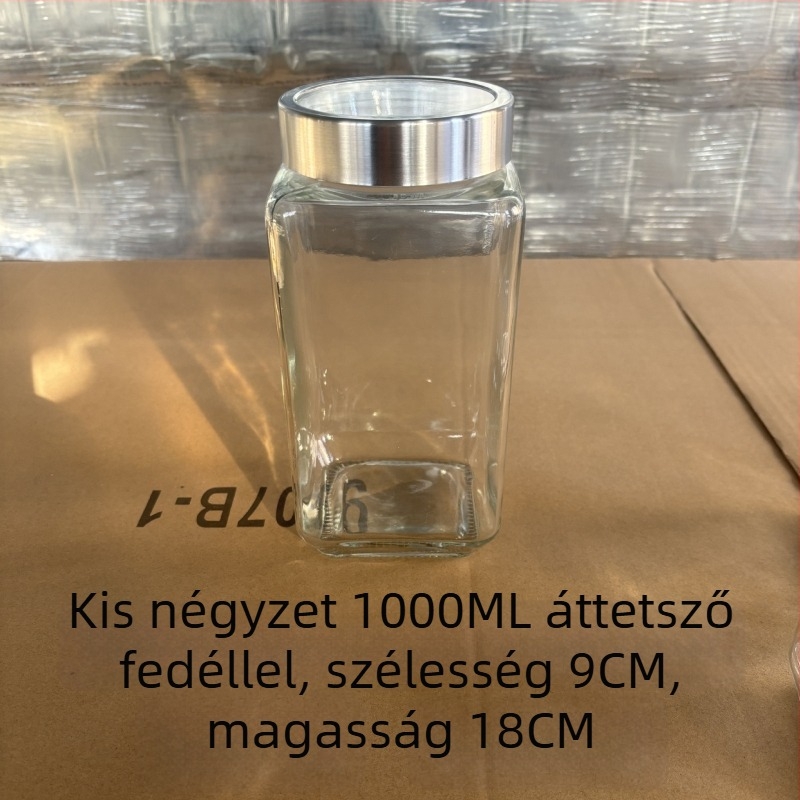 Négyzet alakú üvegtároló zárható fedéllel tea és száraz áruk számára — eredet Shandong; stílus modern egyszerűség