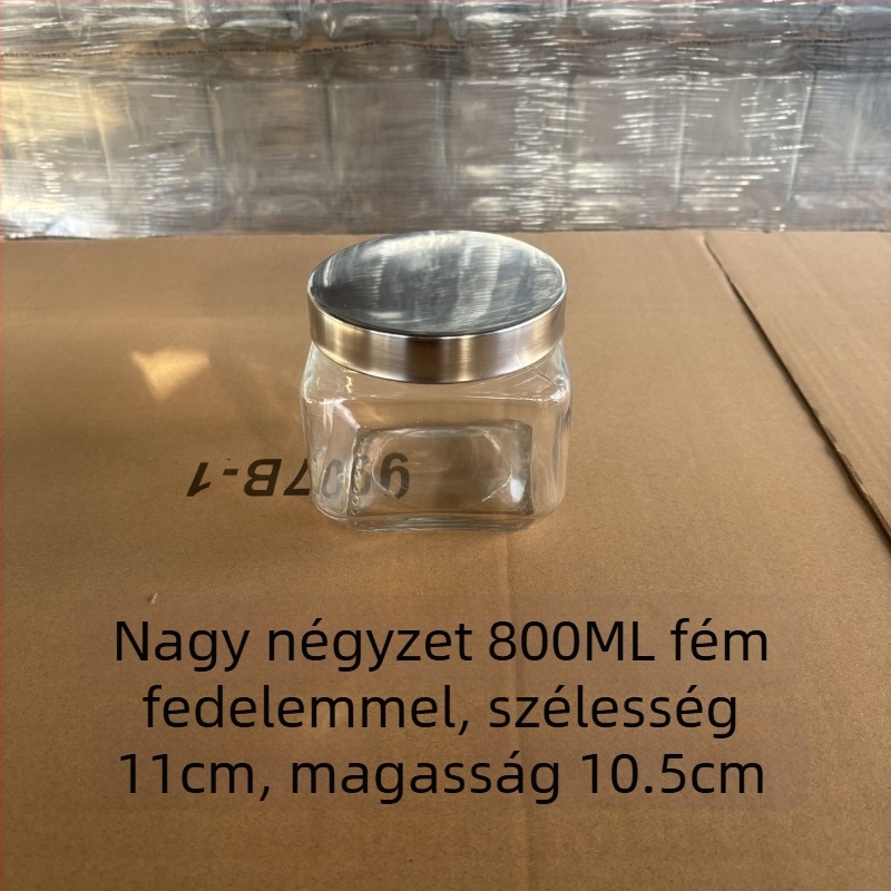Négyzet alakú üvegtároló zárható fedéllel tea és száraz áruk számára — eredet Shandong; stílus modern egyszerűség