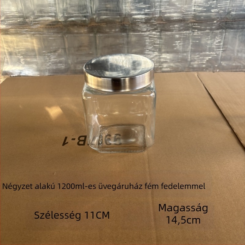Négyzet alakú üvegtároló zárható fedéllel tea és száraz áruk számára — eredet Shandong; stílus modern egyszerűség