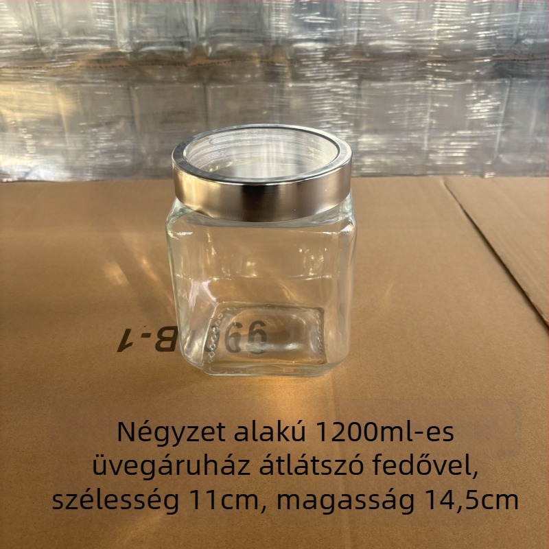 Négyzet alakú üvegtároló zárható fedéllel tea és száraz áruk számára — eredet Shandong; stílus modern egyszerűség