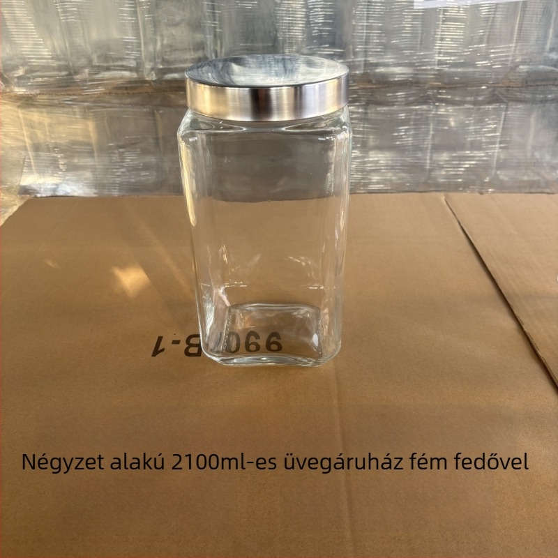 Négyzet alakú üvegtároló zárható fedéllel tea és száraz áruk számára — eredet Shandong; stílus modern egyszerűség